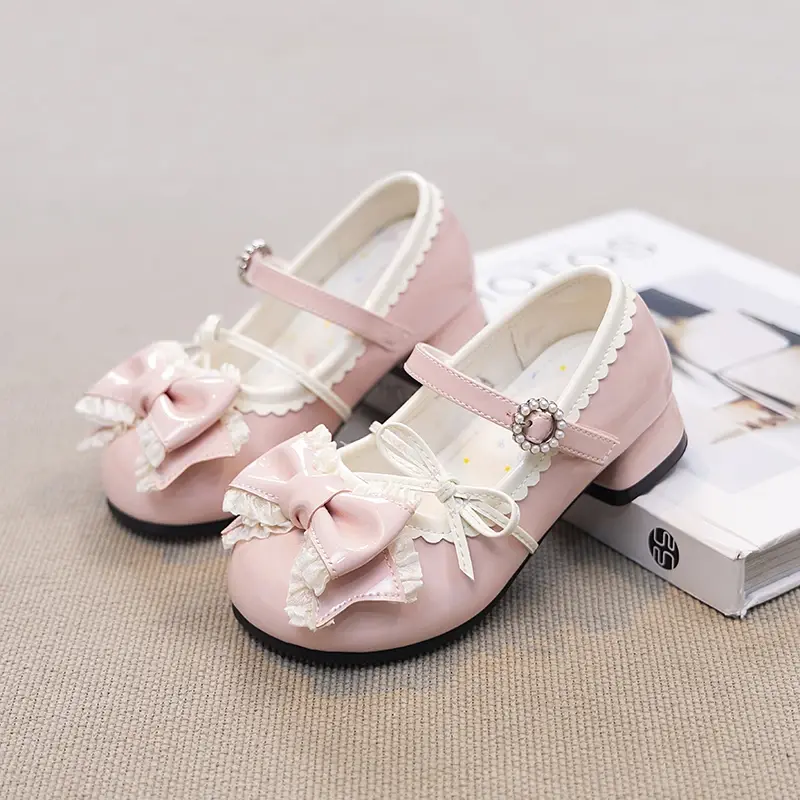 Girls High Heels New Leather Shoes Princess Chic with Double Bow-knot Kids Princess Wedding Party High Heels Fashion Dress Shoes