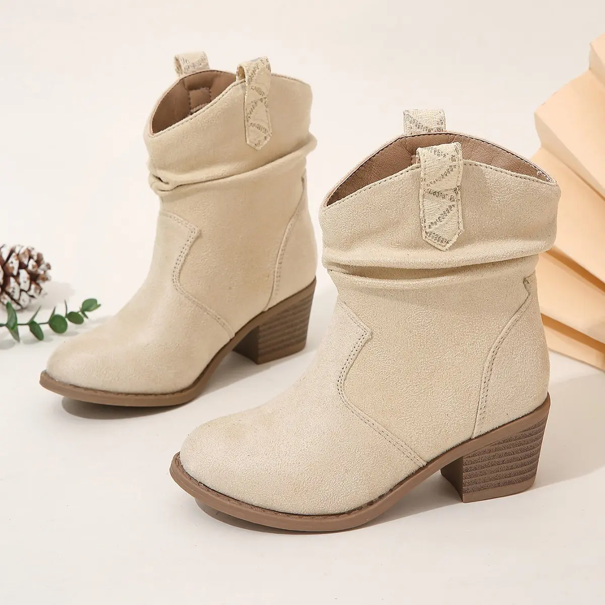 2023 New Pointed-toe Mid Top Coarse Heel Short Boots Kids Fashion Western Denim Retro Fabric Face Boots for Boys Pink Spring PU
