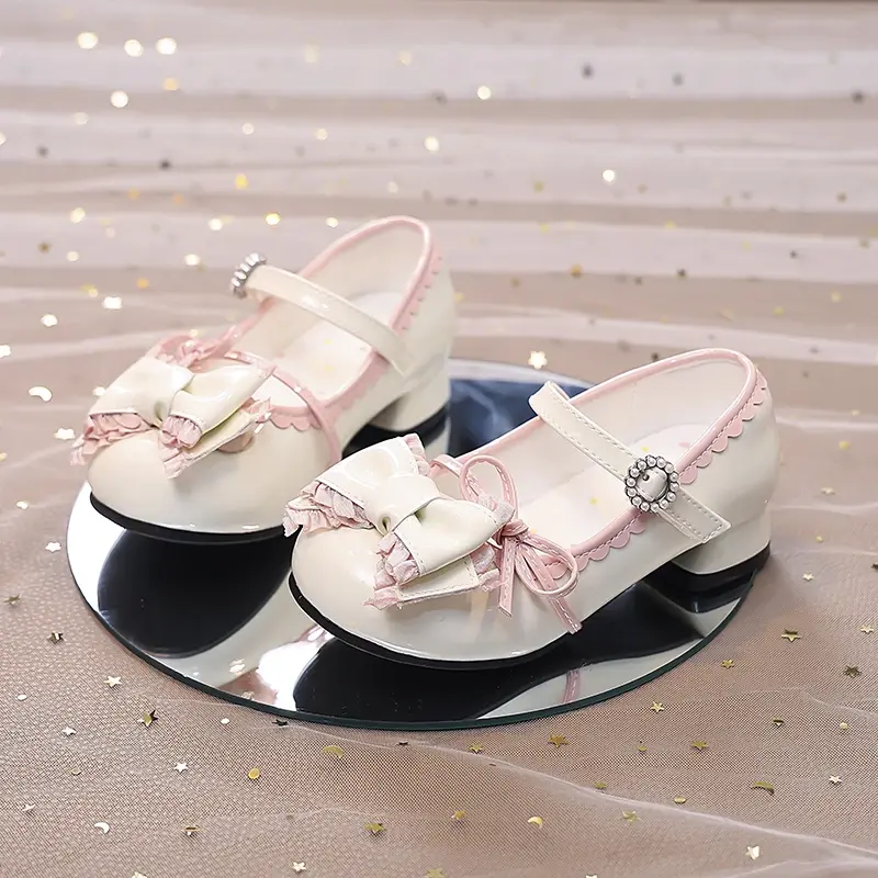Girls High Heels New Leather Shoes Princess Chic with Double Bow-knot Kids Princess Wedding Party High Heels Fashion Dress Shoes