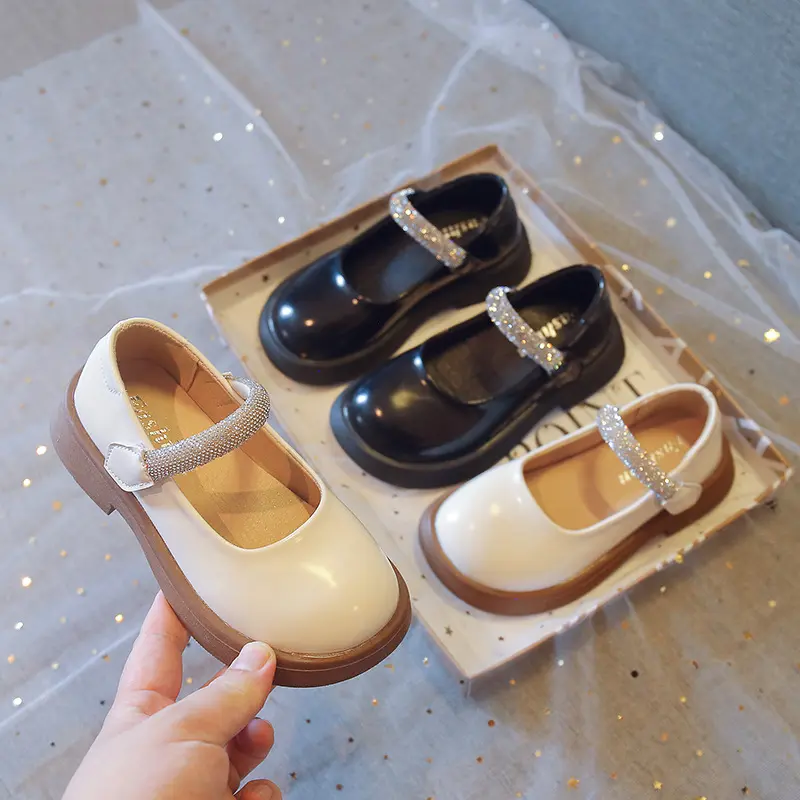Korean Style Children's Leather Shoes 2023 Spring New Fashion Kids Glossy Shallow Rhinestone Girls Performance School Shoes PU