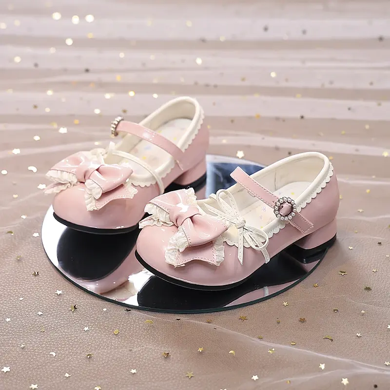 Girls High Heels New Leather Shoes Princess Chic with Double Bow-knot Kids Princess Wedding Party High Heels Fashion Dress Shoes