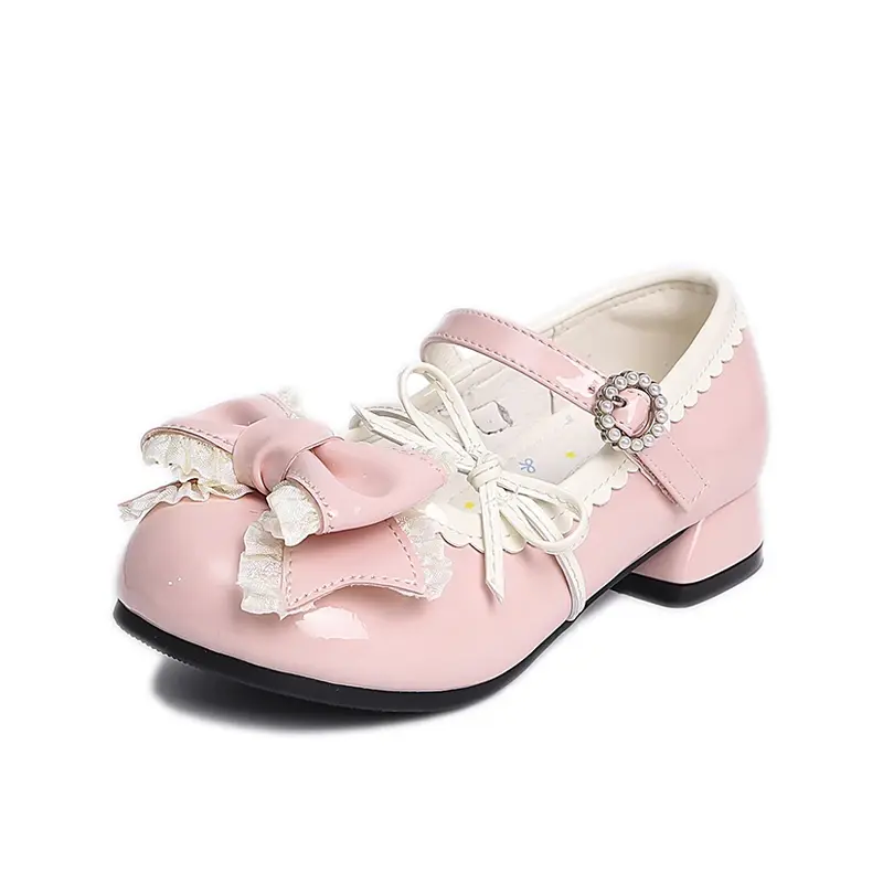 Girls High Heels New Leather Shoes Princess Chic with Double Bow-knot Kids Princess Wedding Party High Heels Fashion Dress Shoes