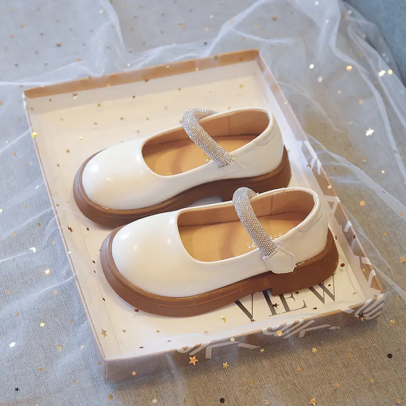 Korean Style Children's Leather Shoes 2023 Spring New Fashion Kids Glossy Shallow Rhinestone Girls Performance School Shoes PU