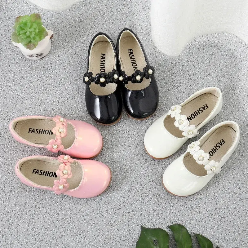 Girls Wedding Leather Shoes Floral Girl Kids Flats with Flowers Princess Sweet Soft High Quality Children Dress Shoes for Party