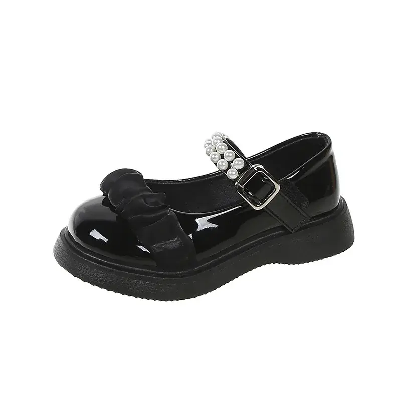 Girls Shoes Versatile Glossy Black Elegant Pearl Pleated Children Leather Shoes Spring New Kids Fashion Mary Jane for Party Soft