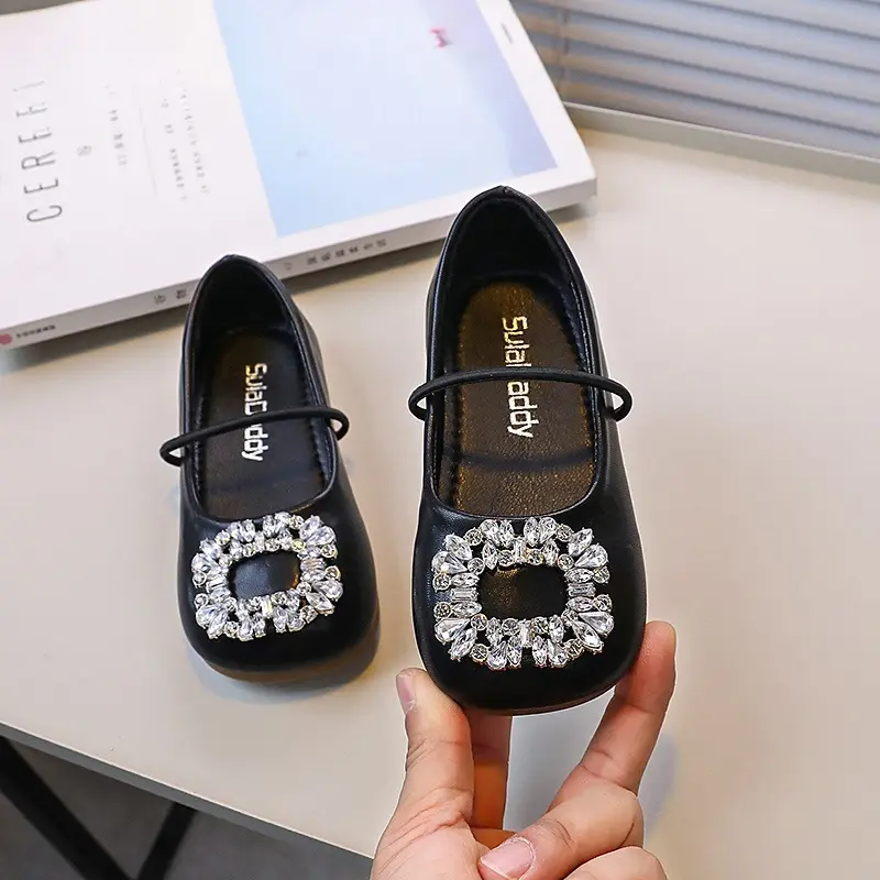 Spring Autumn Girl Leather Shoes Ballet Loafers Versatile Classic Children Princess Shoes Fashion Rhinestone Kids Luxury Shoes