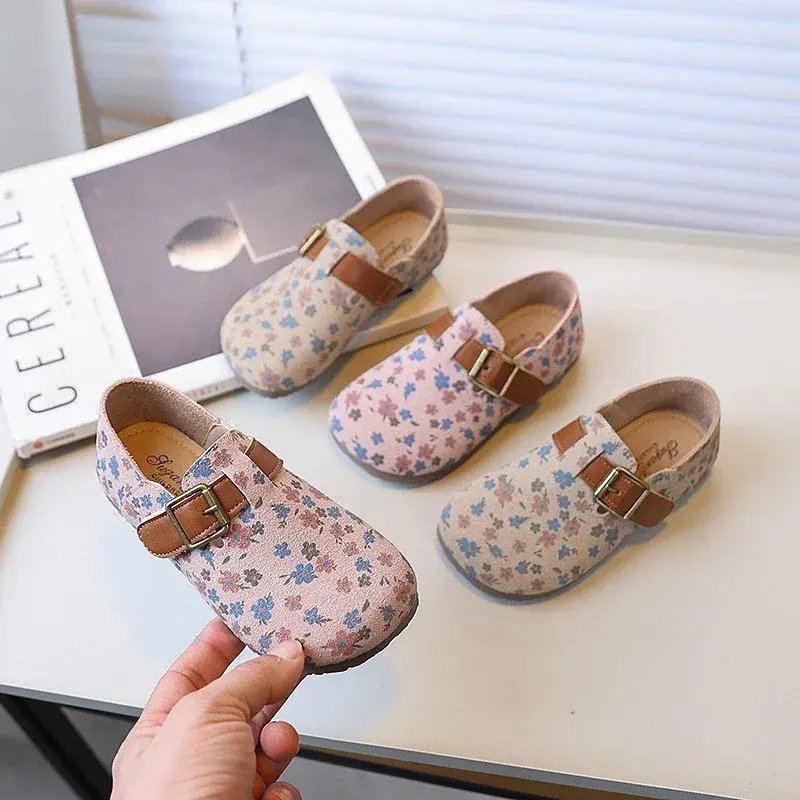 Spring Autumn Little Girl Leather Shoes Floral Pattern Children Princess Shoes Soft New Versatile Kids Fashion Causal Flat Shoes