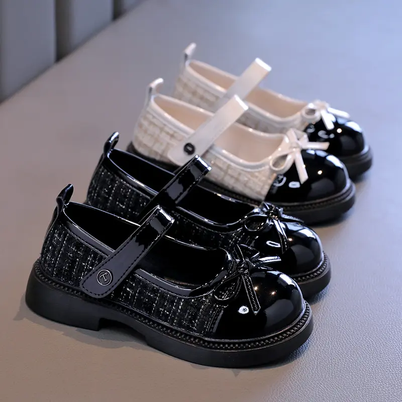 Girls' Flat Shoes Patchwork Fashion Bow Children Wedding Leather Shoes Versatile Non-slip Kids Causal Princess Mary Jane Shoes