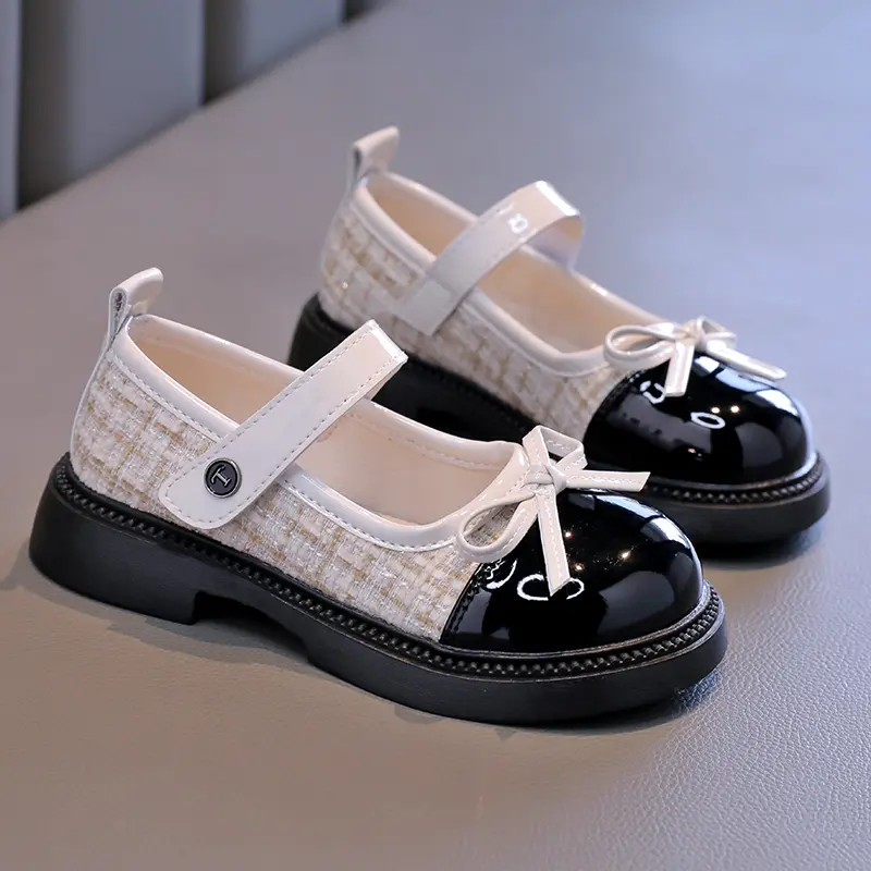 Girls' Flat Shoes Patchwork Fashion Bow Children Wedding Leather Shoes Versatile Non-slip Kids Causal Princess Mary Jane Shoes