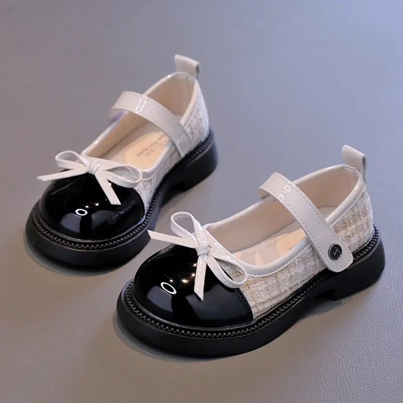 Girls' Flat Shoes Patchwork Fashion Bow Children Wedding Leather Shoes Versatile Non-slip Kids Causal Princess Mary Jane Shoes