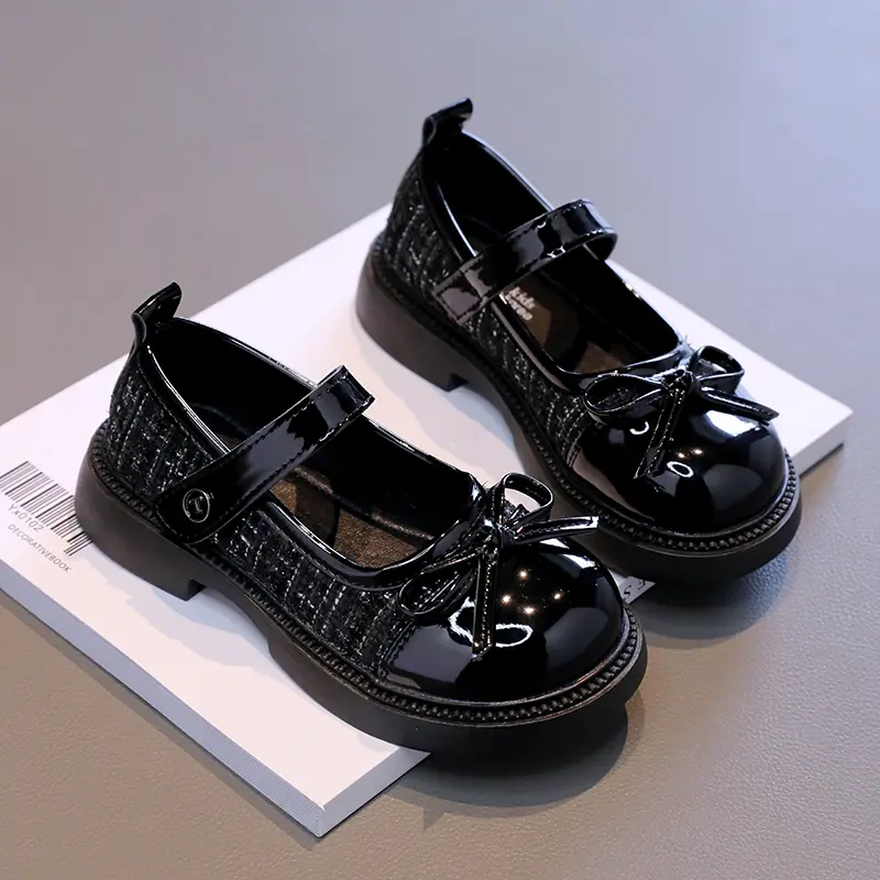 Girls' Flat Shoes Patchwork Fashion Bow Children Wedding Leather Shoes Versatile Non-slip Kids Causal Princess Mary Jane Shoes