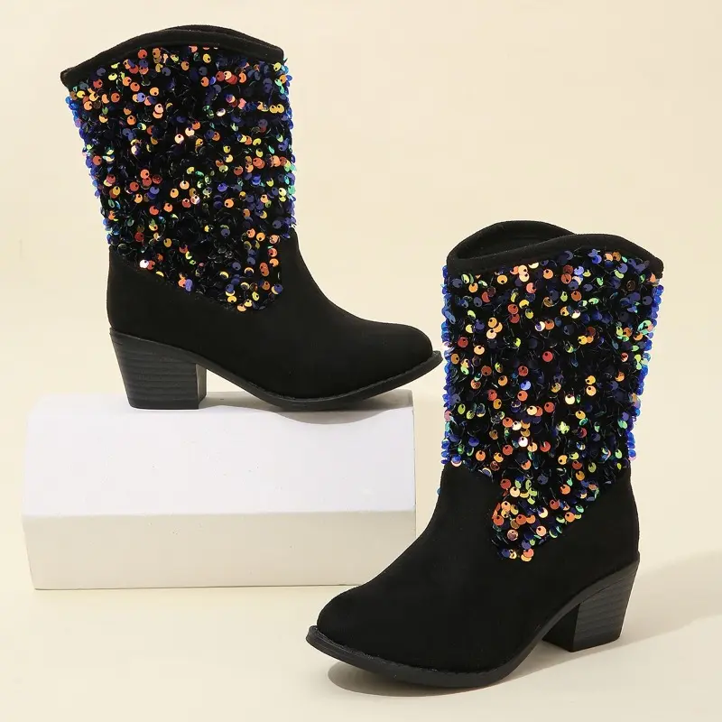 Sequined Children Fashion Girls Performance Mary Janes for Party Wedding Shows PU Slip-on Casual Boots Drop Shipping 2023 New