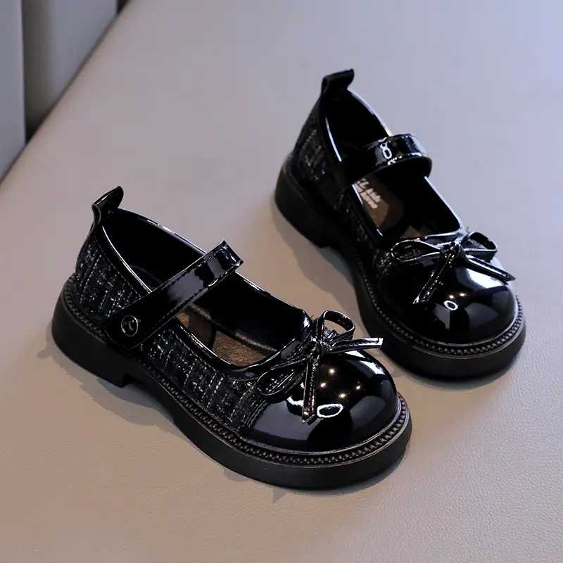 Girls' Flat Shoes Patchwork Fashion Bow Children Wedding Leather Shoes Versatile Non-slip Kids Causal Princess Mary Jane Shoes