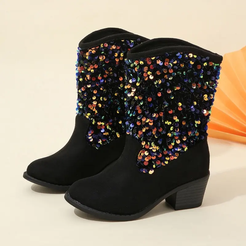 Sequined Children Fashion Girls Performance Mary Janes for Party Wedding Shows PU Slip-on Casual Boots Drop Shipping 2023 New