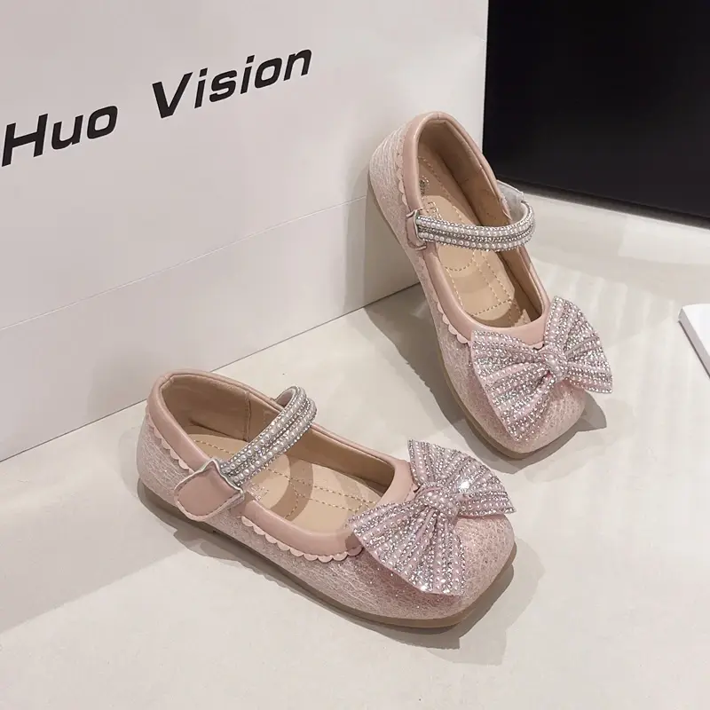 Children's Leather Shoes Bling Sequins Bowknot Princess Shoes for Girls Sweet Chic Kids Causal Wedding Shoes Shallow Versatile