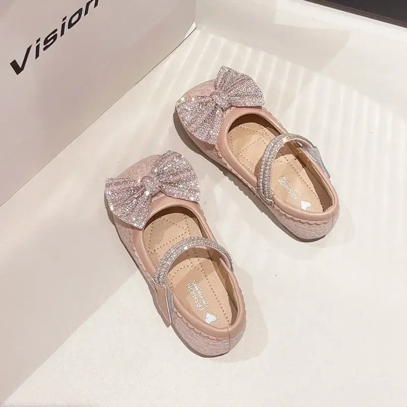 Children's Leather Shoes Bling Sequins Bowknot Princess Shoes for Girls Sweet Chic Kids Causal Wedding Shoes Shallow Versatile