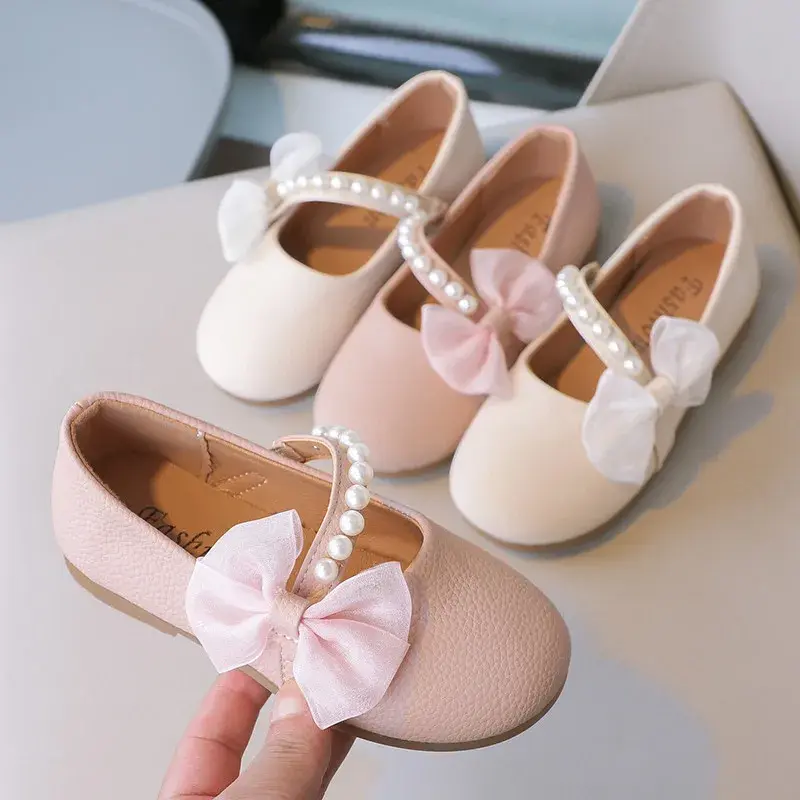 Girls Mary Janes Shoes for Party Wedding Children Elegant Princess Shoes with Bow-knot Kids Pearls Flats Leather Shoes Round-toe