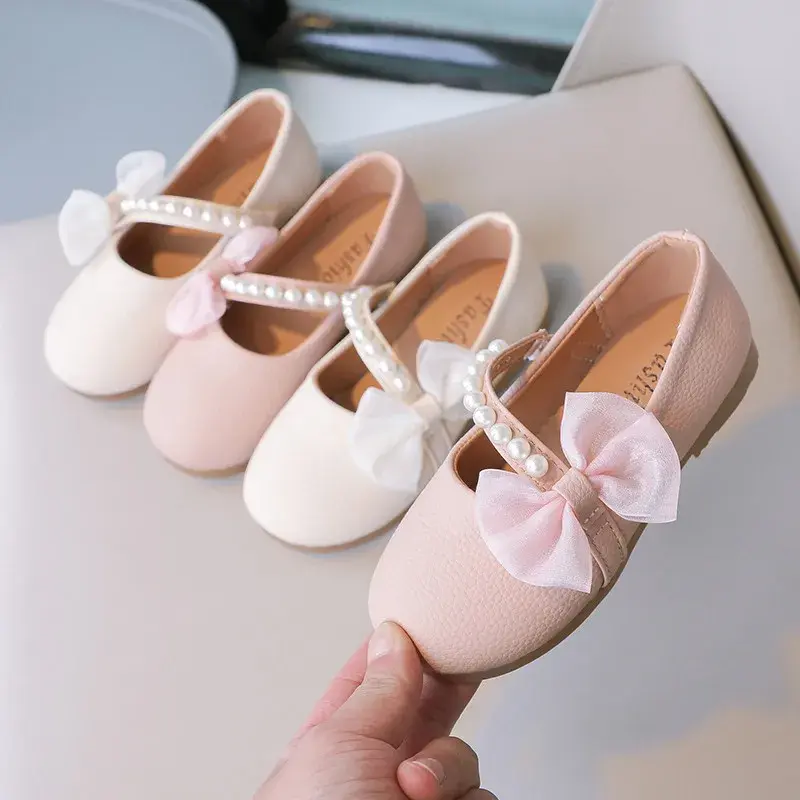 Girls Mary Janes Shoes for Party Wedding Children Elegant Princess Shoes with Bow-knot Kids Pearls Flats Leather Shoes Round-toe