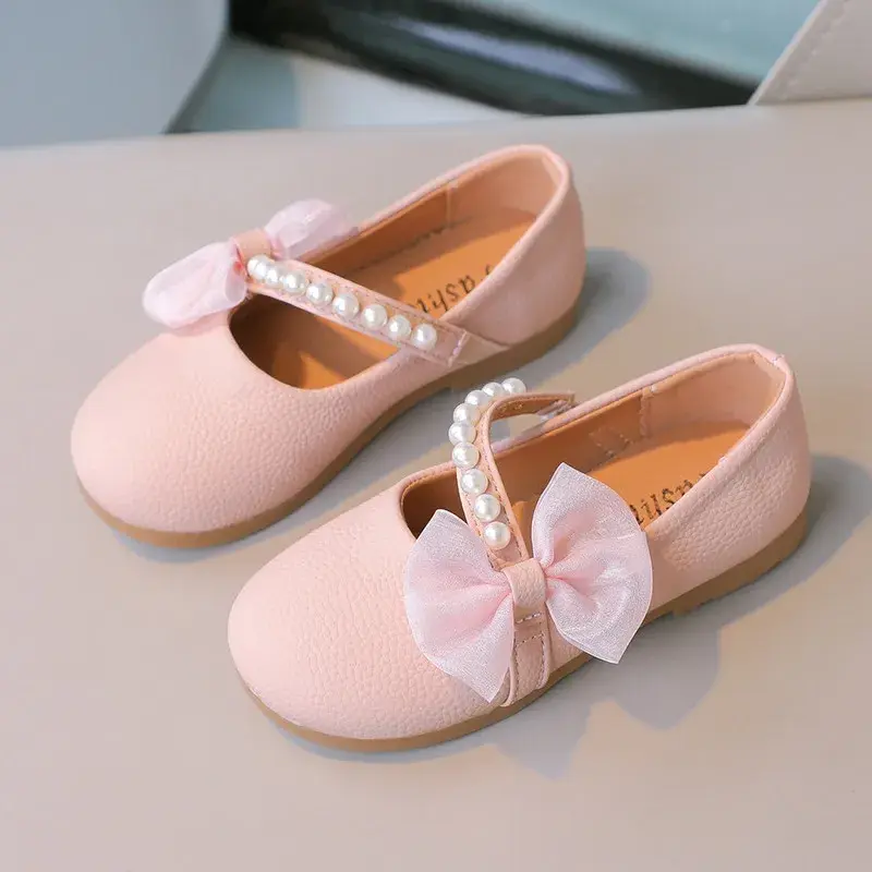Girls Mary Janes Shoes for Party Wedding Children Elegant Princess Shoes with Bow-knot Kids Pearls Flats Leather Shoes Round-toe