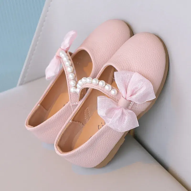Girls Mary Janes Shoes for Party Wedding Children Elegant Princess Shoes with Bow-knot Kids Pearls Flats Leather Shoes Round-toe