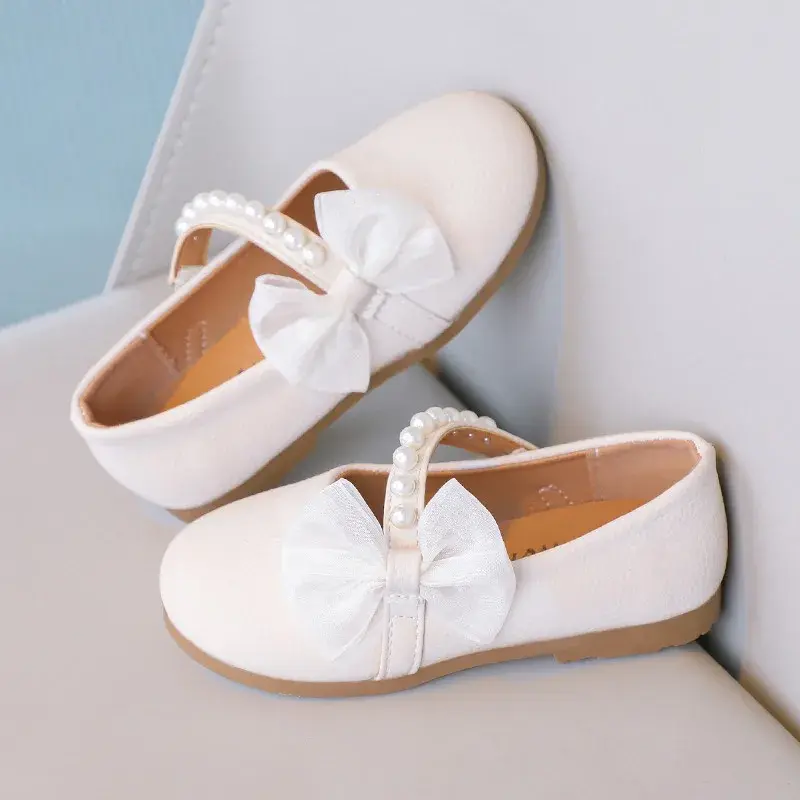 Girls Mary Janes Shoes for Party Wedding Children Elegant Princess Shoes with Bow-knot Kids Pearls Flats Leather Shoes Round-toe