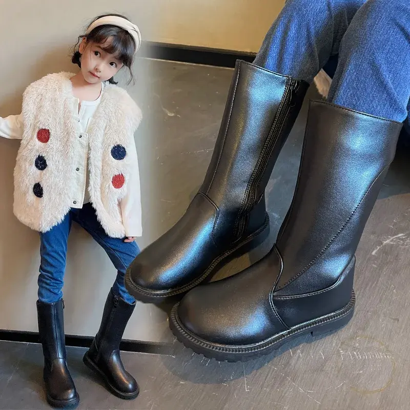 Girls Long Boots Black PU Leather Kids High Boots 2025 Autumn Winter Fashion Warm Fur Children Motorcycle Boots Simple Classic