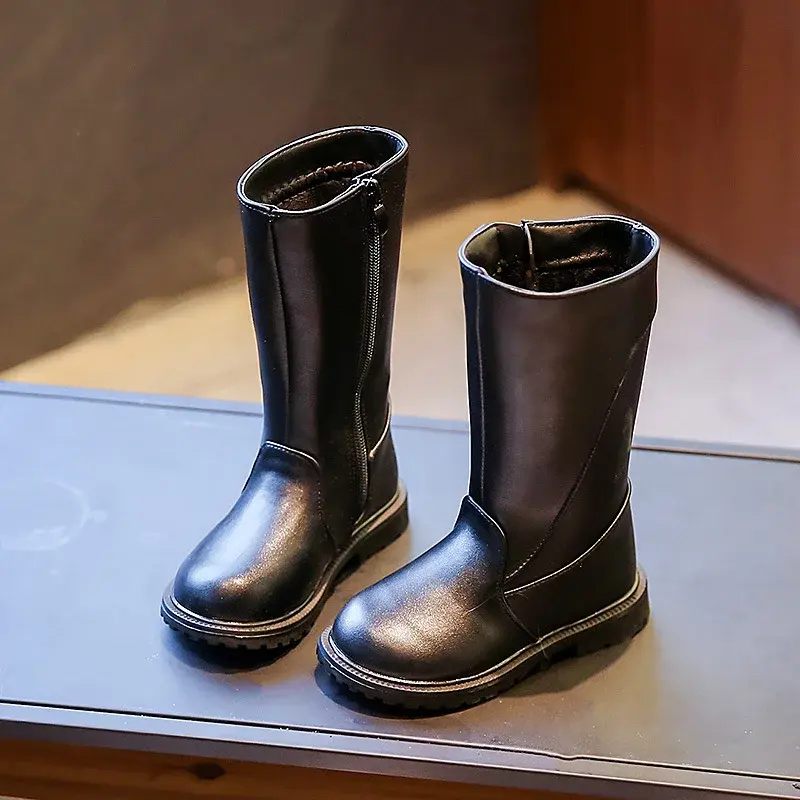 Girls Long Boots Black PU Leather Kids High Boots 2025 Autumn Winter Fashion Warm Fur Children Motorcycle Boots Simple Classic