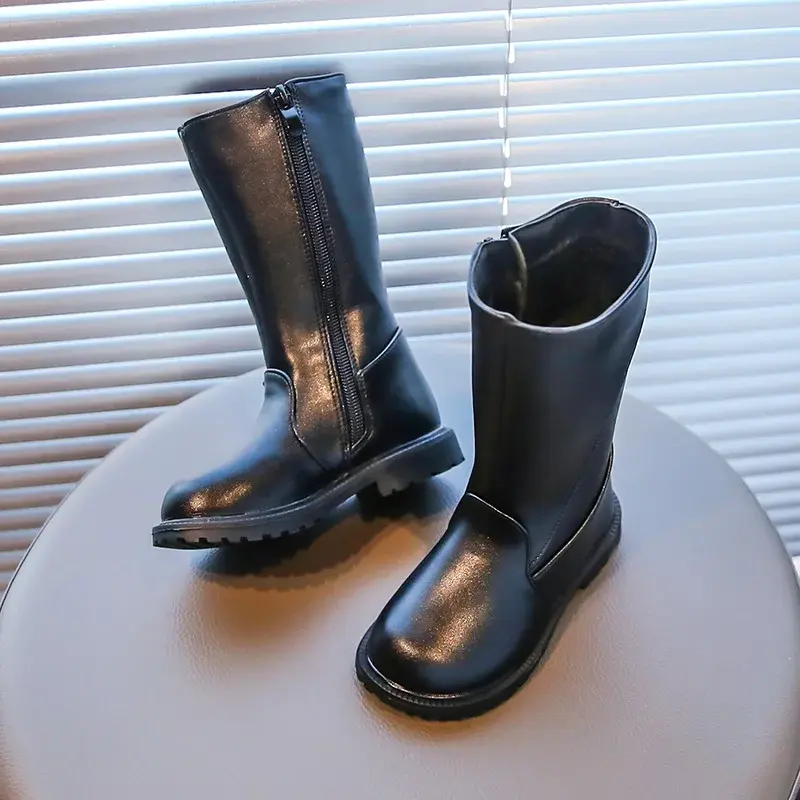 Girls Long Boots Black PU Leather Kids High Boots 2025 Autumn Winter Fashion Warm Fur Children Motorcycle Boots Simple Classic