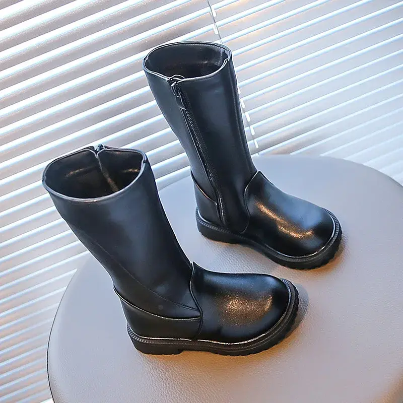 Girls Long Boots Black PU Leather Kids High Boots 2025 Autumn Winter Fashion Warm Fur Children Motorcycle Boots Simple Classic