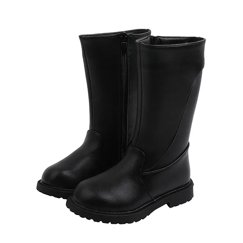 Girls Long Boots Black PU Leather Kids High Boots 2025 Autumn Winter Fashion Warm Fur Children Motorcycle Boots Simple Classic