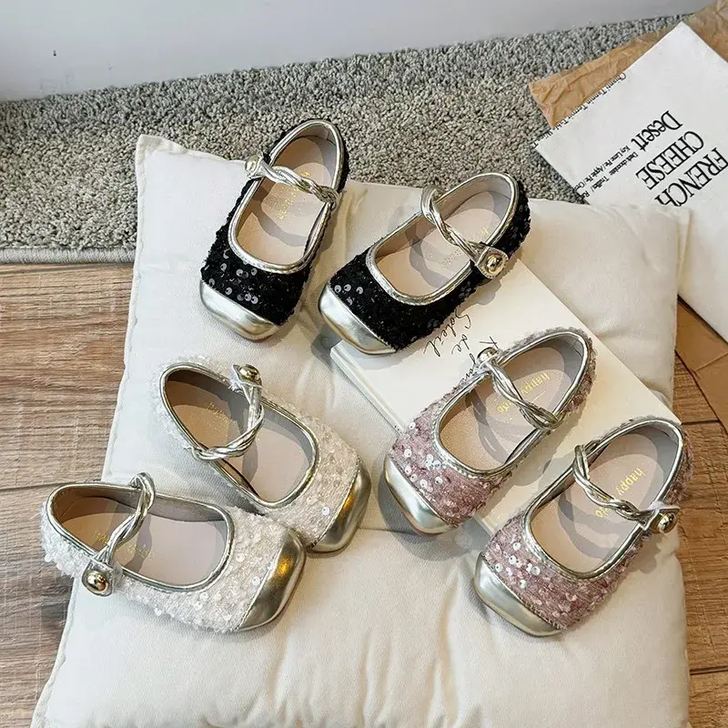 Girls Leather Shoes for Party Wedding Kids Sequins Princess Mary Janes Shoes Fashion Children Performance Shoes Flats 2024 New