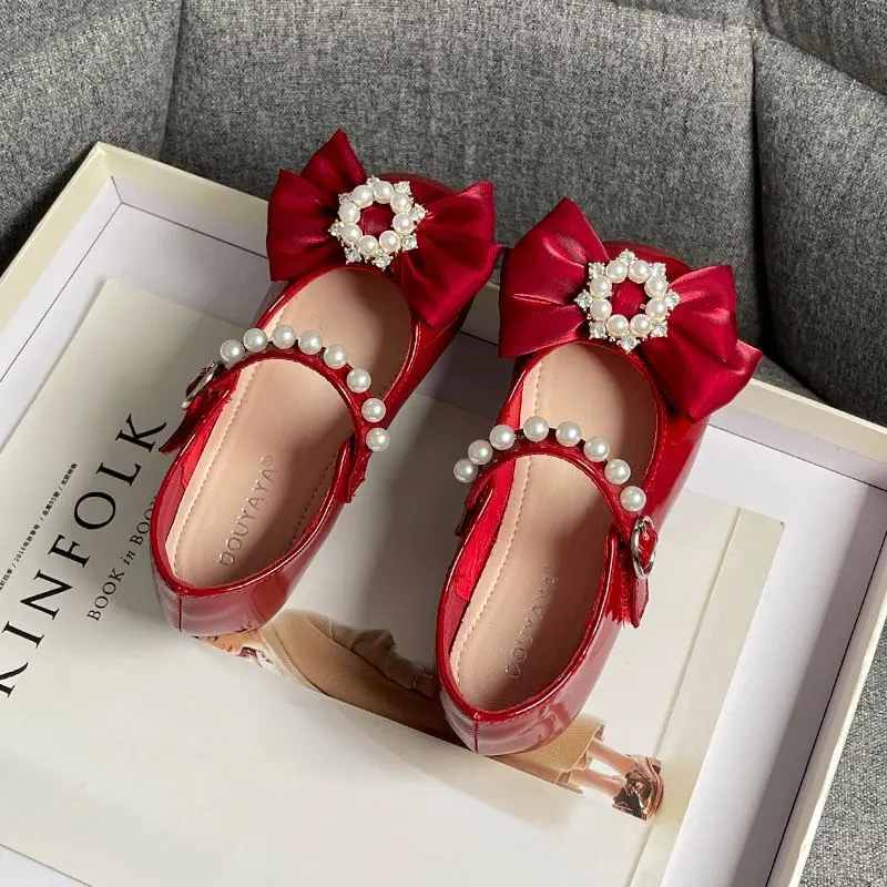 2023 New Soft Kids Fashion Girls Mary Jane Shoes Bow with Pearls Versatile Simple Children Casual Shoes Platform Moccasin Shoes