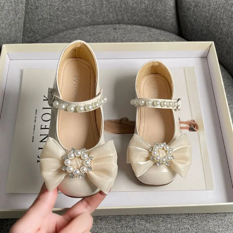 2023 New Soft Kids Fashion Girls Mary Jane Shoes Bow with Pearls Versatile Simple Children Casual Shoes Platform Moccasin Shoes