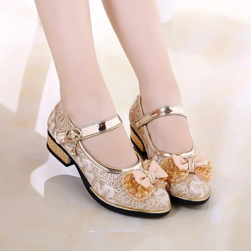 Children Princess Shoes Sweet Bowknot Girls Leather Shoes for Party Wedding Causal Versatile Kids High Heels Dance Single Shoes
