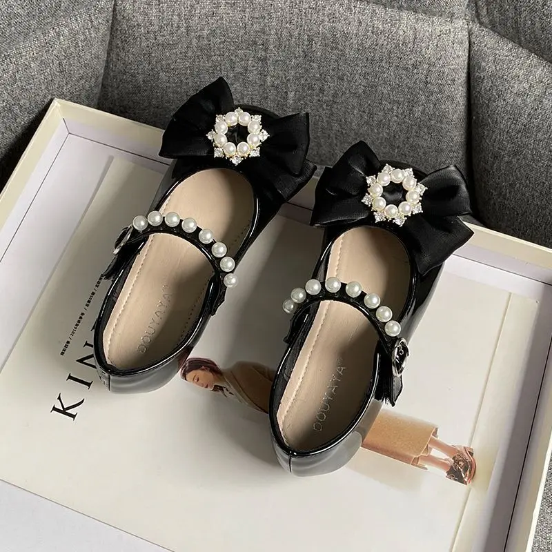 2023 New Soft Kids Fashion Girls Mary Jane Shoes Bow with Pearls Versatile Simple Children Casual Shoes Platform Moccasin Shoes
