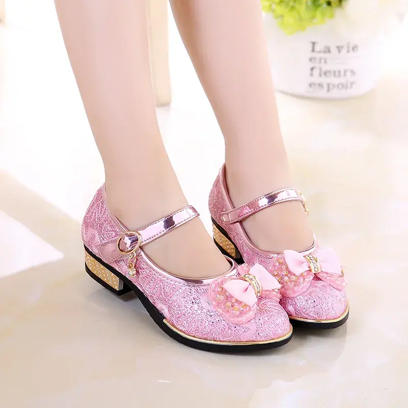 Children Princess Shoes Sweet Bowknot Girls Leather Shoes for Party Wedding Causal Versatile Kids High Heels Dance Single Shoes