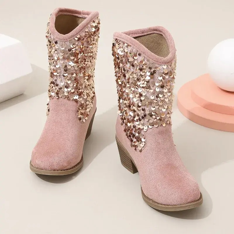 Girl's Chelsea Boots 2023 New Sequin Thick Heels Korean Style European and American Fashion Kids Versatile Soft Princess Boots