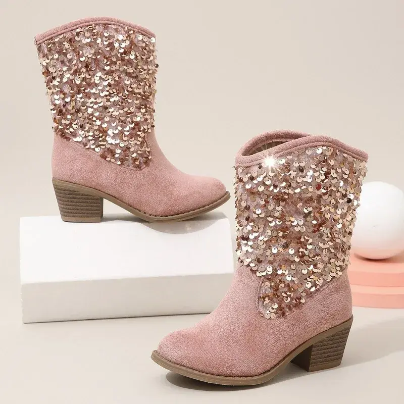 Girl's Chelsea Boots 2023 New Sequin Thick Heels Korean Style European and American Fashion Kids Versatile Soft Princess Boots