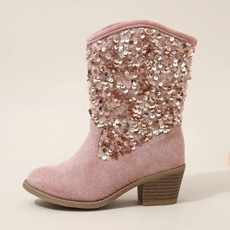 Girl's Chelsea Boots 2023 New Sequin Thick Heels Korean Style European and American Fashion Kids Versatile Soft Princess Boots