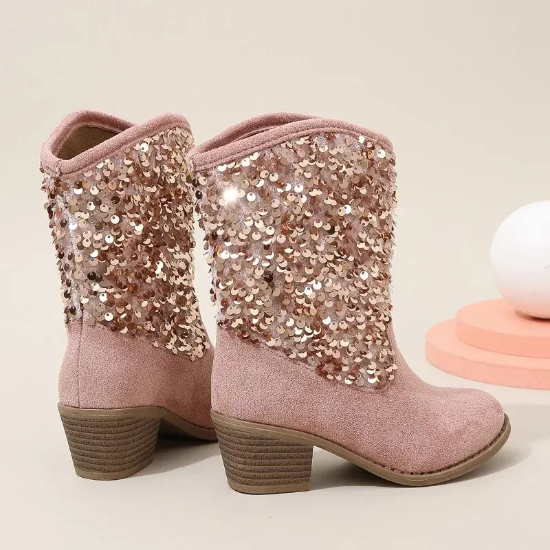 Girl's Chelsea Boots 2023 New Sequin Thick Heels Korean Style European and American Fashion Kids Versatile Soft Princess Boots