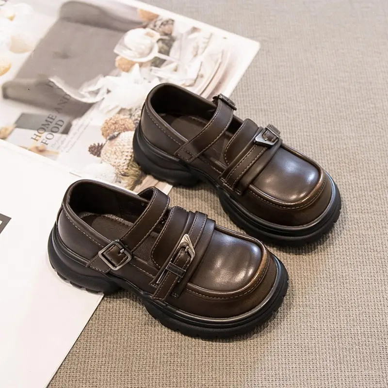 Classic Girls Black Mary Jane Shoes Thick Bottom Kids Causal Leather Shoes Fashion Solid Color Children Princess Shoes Simple