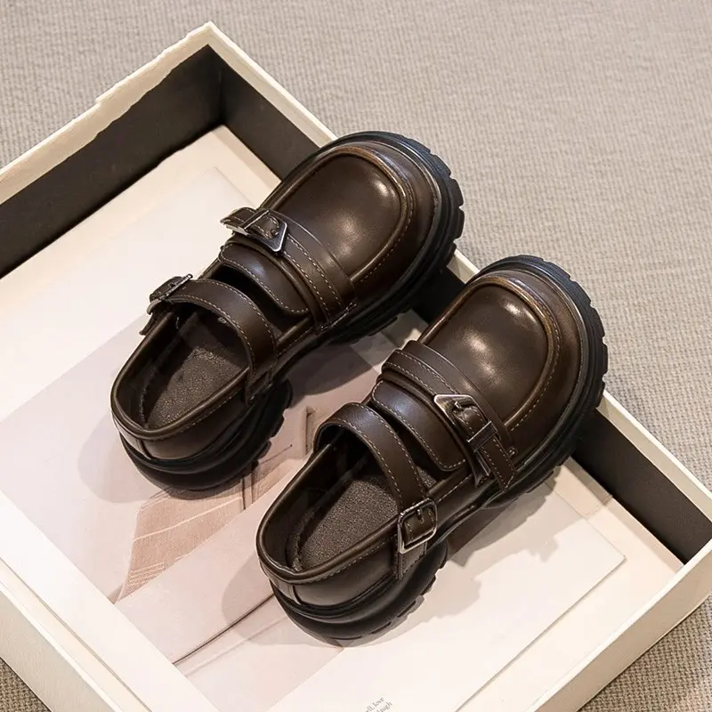 Classic Girls Black Mary Jane Shoes Thick Bottom Kids Causal Leather Shoes Fashion Solid Color Children Princess Shoes Simple