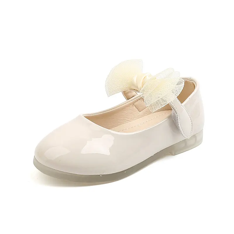 Kids Black Performance Shoes Solid Color Versatile Girls Princess Shoes with Mesh Bow 2024 New Children Leather Shoes Glossy