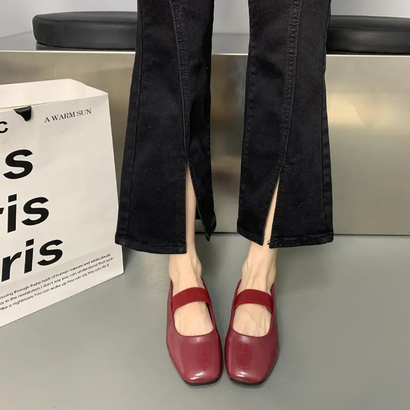 Elegant Spring Autumn Women's Flat Shoes Wine Red Versatile Ladies Shoe Causal Fashion Simple Women's Leather Shoes Square-toe