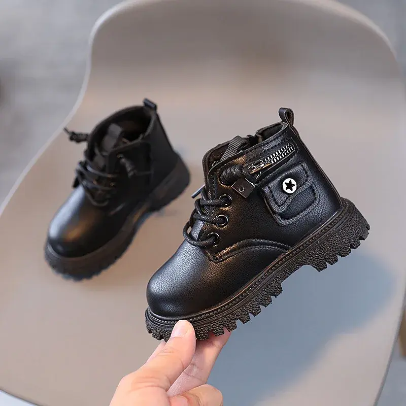 Kids Boots for Boys Spring Autumn Children's Causal Ankle Boots Fashion Black Versatile Girls School Leather Boots Side Zipper