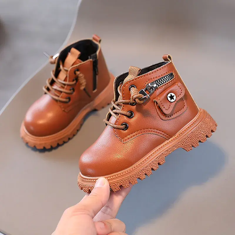 Kids Boots for Boys Spring Autumn Children's Causal Ankle Boots Fashion Black Versatile Girls School Leather Boots Side Zipper