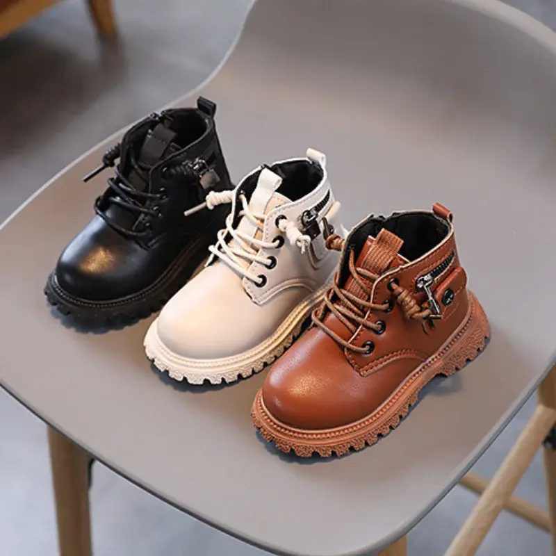 Kids Boots for Boys Spring Autumn Children's Causal Ankle Boots Fashion Black Versatile Girls School Leather Boots Side Zipper