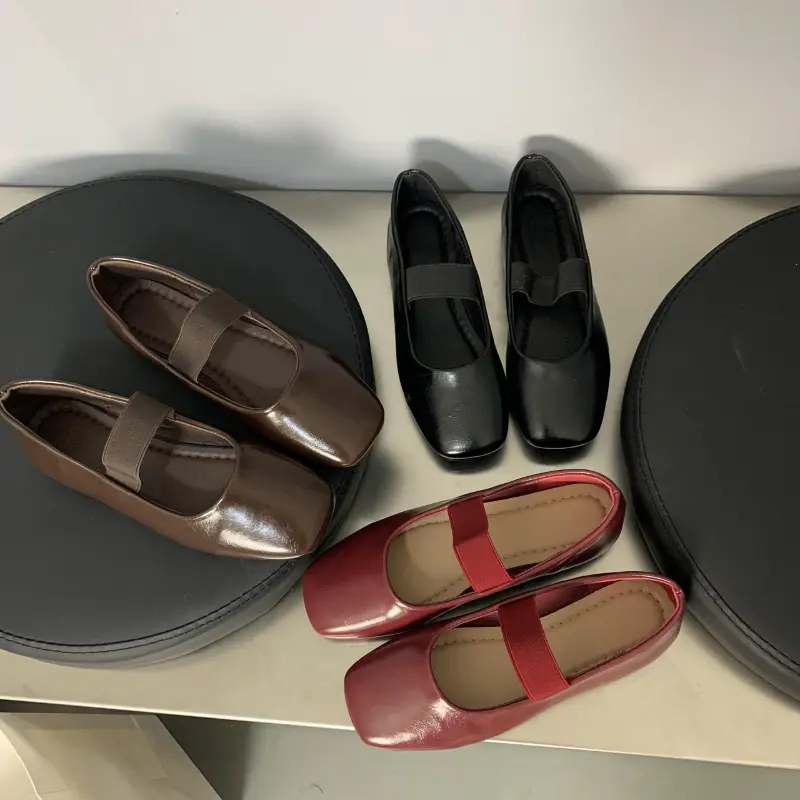 Elegant Spring Autumn Women's Flat Shoes Wine Red Versatile Ladies Shoe Causal Fashion Simple Women's Leather Shoes Square-toe