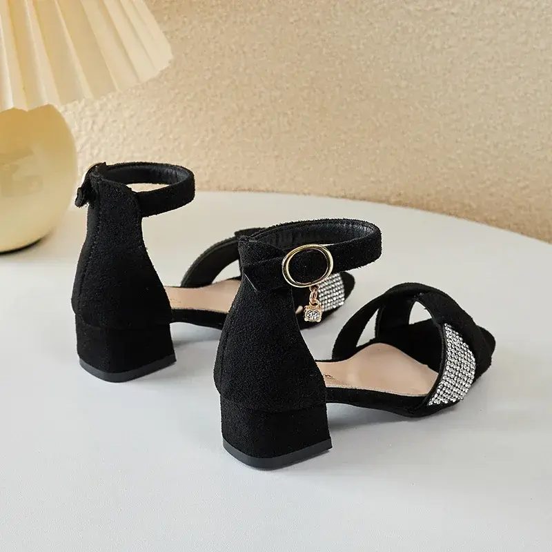 Children Mary Janes for Party Wedding Shows Low Heels Pleated Rhinestones Chic Girls Sandals Classic Red Kids Shoes PU 2024 New