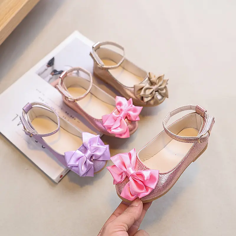 Girls Princess Leather Shoes New Spring Autumn Children's Flats with Bow Ankle-strap Kids Causal Party Wedding Shoes Non-slip